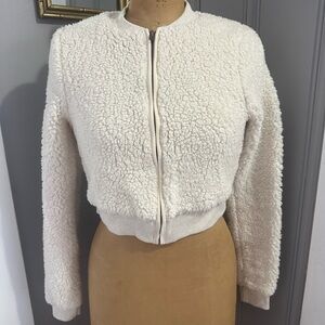 Hollister Women’s Cream Ivory Sherpa Teddy Zip Up Cropped Bomber Jacket Sz M